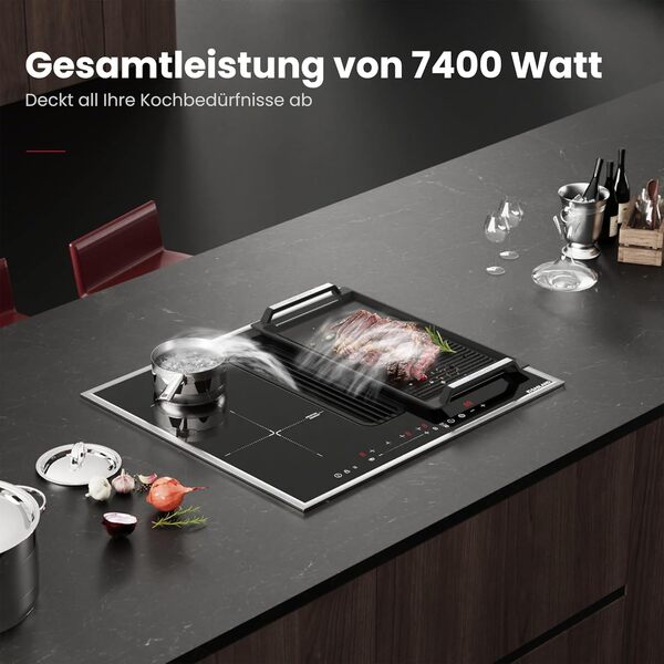 GASLAND IH604BFRB 60 cm Plaque de cuisson à induction autonome avec hotte intégrée, 4 zones de cuisson à induction avec cadre en acier inoxydable, PowerBoost, 7400W (Sans poêle à frire) [Classe énergétique A]
