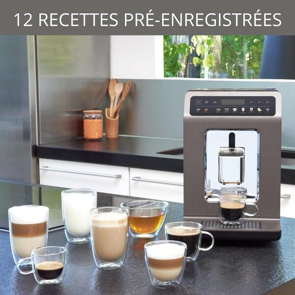 KRUPS Machine à café broyeur grain, tout automatique, 12 boissons pré-enregistrées, cafetière Espresso et boissons lactées,personnalisation des boissons écran LED Evidence One EA895N10