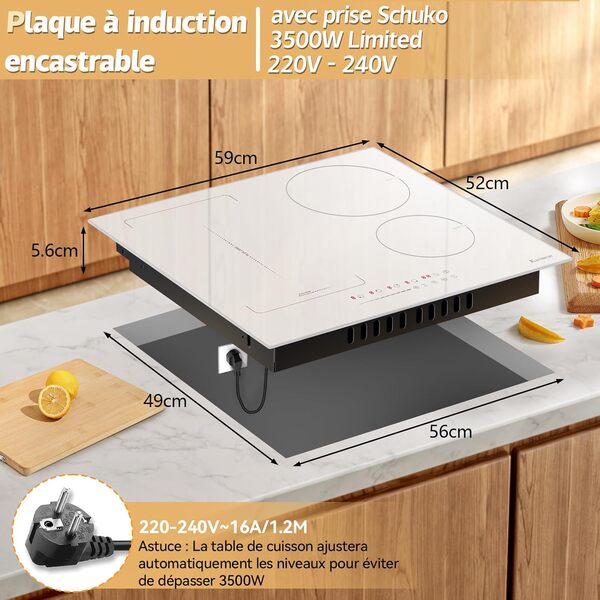 Karinear Plaque à induction 4 feux avec prise, 59 cm, 3500 W, vitrocéramique blanche, zones combinées, commandes coulissantes, 9 niveaux de puissance