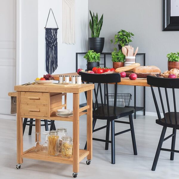 HAPPYGRILL Îlot de cuisine avec rangement, chariot de cuisine roulant avec étagères et tiroirs, chariot utilitaire multifonction en bambou chariot de service sur roues verrouillables avec