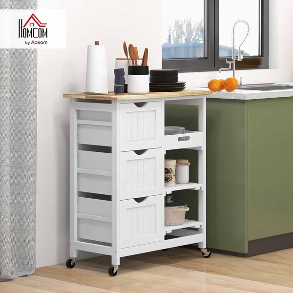 HOMCOM Chariot de Service desserte de Cuisine à roulettes Plan de Travail en Bois de Caoutchouc 3 tiroirs + 1 Plateau Amovible 67 x 37 x 85,5 cm Blanc