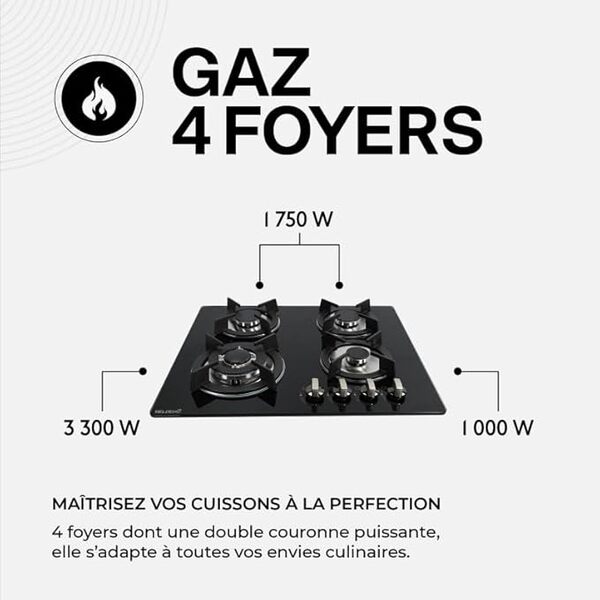 BELDEKO - Plaque de cuisson gaz - 4 Foyers - Double couronne - 7800W - encastrable - verre noir