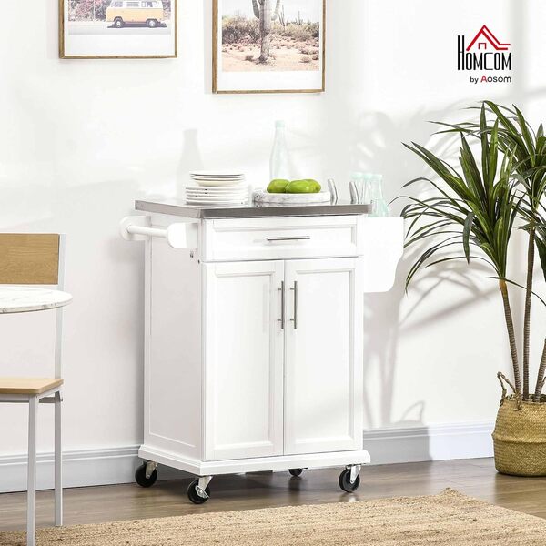 HOMCOM Dessert Cuisine desserte à roulettes îlot Central Cuisine avec Plateau en Acier INOX, étagère réglable, tiroir, Porte-épices, Porte-Couteaux et Porte-Serviettes, 83,5 x 45,7 x 90,5 cm, Blanc