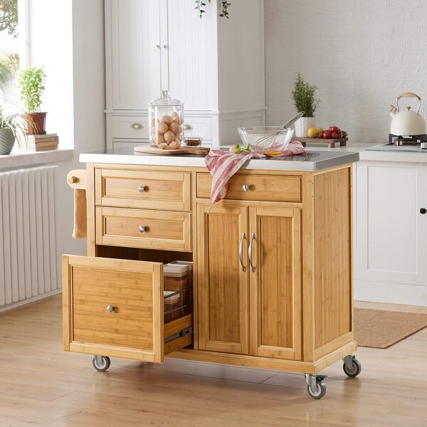 SoBuy Desserte de Cuisine à roulettes Îlot Central avec Plan de Travail INOX et 4 Tiroirs Chariot Mobile pour Cuisine ou Salle à Manger Meuble de Cuisine avec Rangement 115x46x92cm FKW70-N