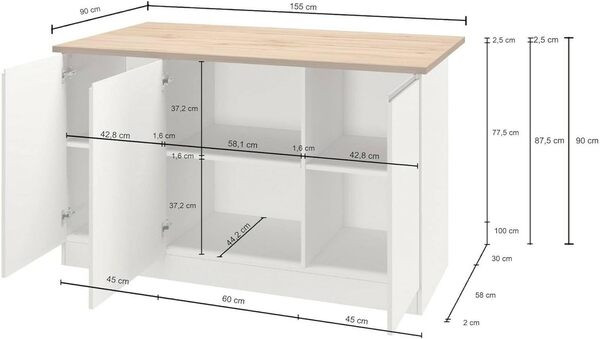 Dmora - Îlot de Cuisine Patrizio, Armoire Polyvalente, Meuble de kitchenette, Table auxiliaire, 100% Made in Italy, 155x90h90 cm, Blanc Brillant et Ardoise