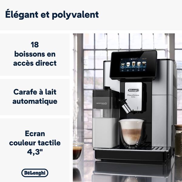 De'Longhi PrimaDonna Soul Machine a Café Grain ECAM612.55.SB, Machine Expresso et Cappucino, Technologie Exclusive Bean Adapt, Argent et Noir [Classe énergétique A]