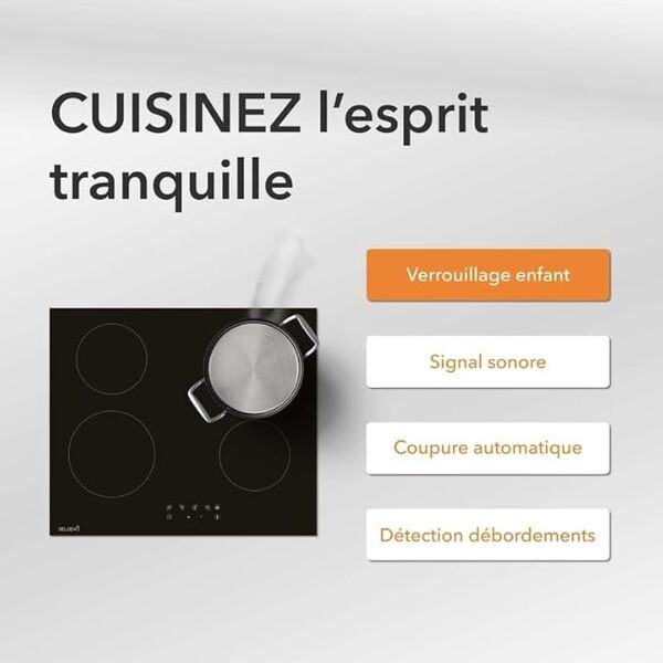Plaque Vitrocéramique 4 Feux Encastrable BELDEKO - 6000W - Seulement 4,6 cm d'Épaisseur - Fiable et Robuste - Minuteur, Touches Tactiles, Anti-Débordement, 9 Niveaux de Puissance