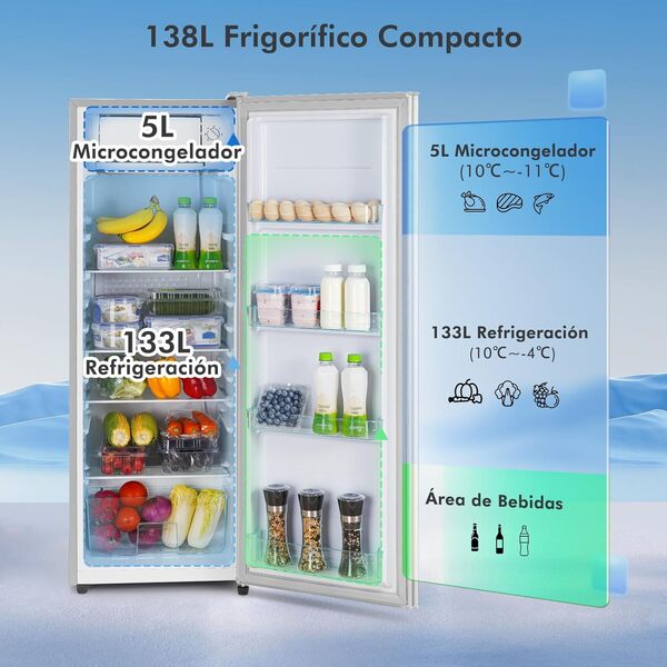 CURECURE Réfrigérateur avec micro-congélateur, 138 L, refroidissement 133 L, congélation 5 L, 4 étagères en verre, bac à légumes, contrôle de température, fonction de refroidissement rapide (Argenté) [Classe énergétique E]