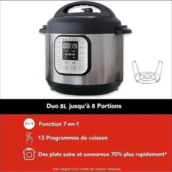 Instant Pot Duo 80, Autocuiseur 7 en 1 - Autocuiseur, Cuiseur à Riz, Poêle, Yaourtière, Cuiseur Vapeur et Chauffe-Plat - Acier Inoxydable - 8 L