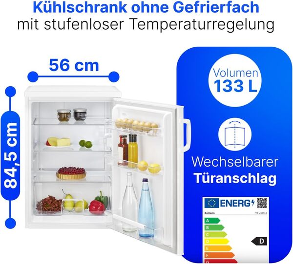 Bomann Réfrigérateur 133L blanc VS2195-1-blanc, Capacité nette : 133 litres, Éclairage intérieur à DEL, Contrôle de la température en continu, 3 clayettes en verre [Classe énergétique A]