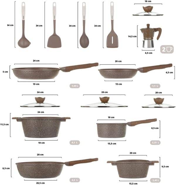 KASANOVA Set de casseroles antiadhésives 0 Graisses, batterie de cuisine pour induction et tous types de plaques, set de casseroles et poêles antiadhésives à 4 couches avec design moderne. (15 pièces)
