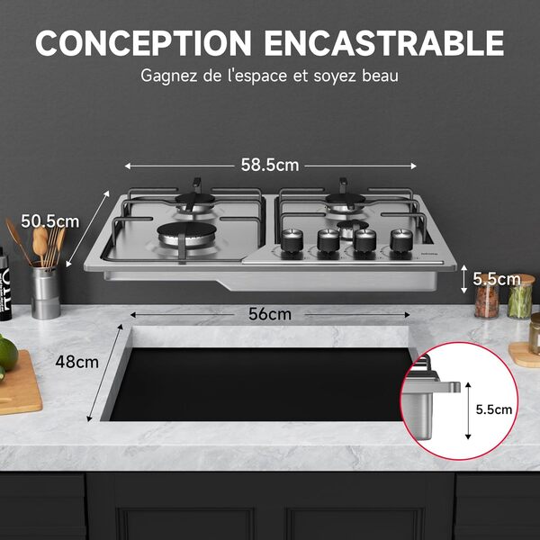 Plaque Gaz 4 Feuxs Inox, IsEasy Plaque de Cuisson Gaz 4 Feux Encastrable, Table Gazs 60cm, Table de Cuisson 7200W, Gazs Ville et Bouteille