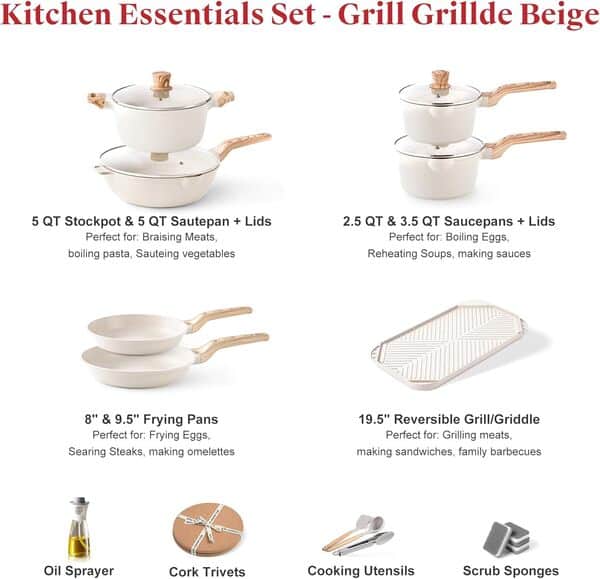 Caannasweis Batterie de cuisine 20 pièces, casseroles et poêles antiadhésives, batterie de cuisine en granit à induction, ensemble de cuisine antiadhésif, ensemble de cuisson de cuisine blanc