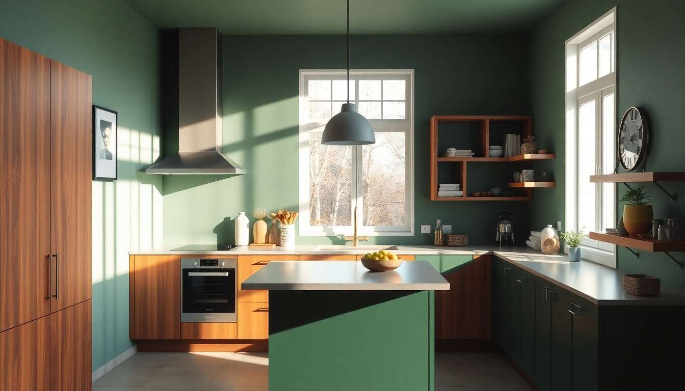 Une cuisine verte sobre et chaleureuse Une cuisine verte sobre et chaleureuse