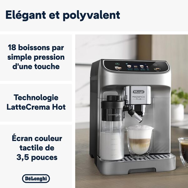 De'Longhi Magnifica Plus ECAM322.70.SB, Machine À Café Superautomatique Avec Système de Lait LatteCrema Pour Cappuccino Automatique, Écran Tactile Couleur, Fonction Extra Shot, 1450W, Argent/Noir