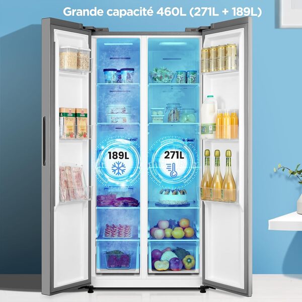 Comfee' RCS609IX2 Réfrigérateur-Congélateur Américan/No Frost/Compresseur Inverter/Hauteur 177,5 cm/460 L(271+189) de Réfrigération/Double contrôle/SuperCool, Inox [Classe énergétique E]