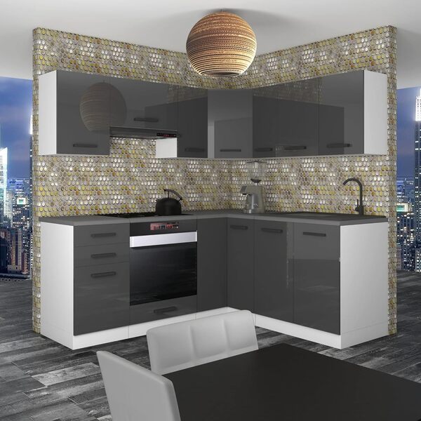 Belini Cuisine Équipée Complète Sarah - L-Forme avec Plan de Travail, Argent Très Brillant