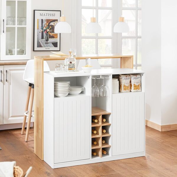 SoBuy Îlot de Cuisine, Meuble de Rangement Multifonction, Buffet avec Porte-Bouteilles, Meuble de Cuisine, Armoire Bar pour Salon, Buffet Salon, Blanc et Naturel 105 x 60 x 105cm KNL07-WN