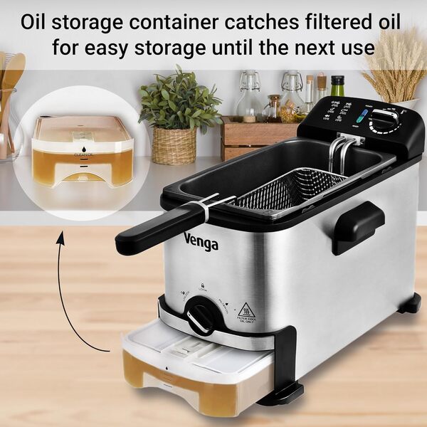 Venga ! Friteuse Semi-Professionelle 3 L, avec Filtration et Stockage d'Huile, 2 000 W, Noir/Inox, VG FT 3012, Métal
