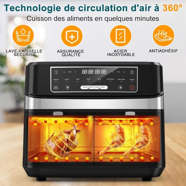 Air Fryer avec Double Compartiment, OQCSUAT Friteuse Sans Huile 10L Avec 8 Programmes 2600W, Friteuse à Air Chaud, Fonctions Match Cook & Smart Finish, Friteuse Electrique avec Fonction Mémoire