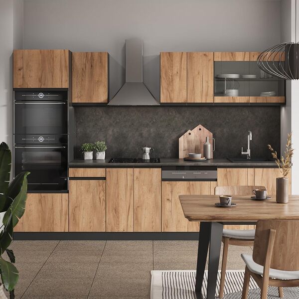Vicco Cuisine R-Line, Chêne doré/Anthracite, 300 cm J-Shape, avec Armoire Haute, sans Plan de Travail