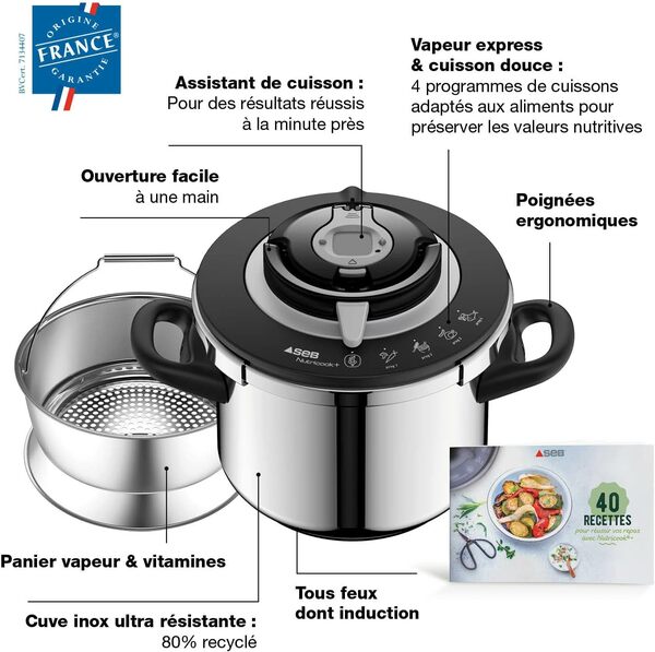 Seb Nutricook+ Cocotte-minute 8 L inox, Autocuiseur induction, Facile à utiliser, Programme de cuisson, Fabriqué en France P4221417