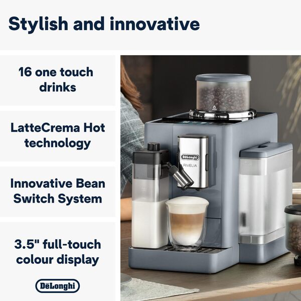 De'Longhi Rivelia EXAM440.55.G, Machine À Café Grain Automatique, Grains Fraîchement Moulus, Bac à Grains Interchangeable, Carafe à lait Automatique, 16 Recettes, Écran Tactile Couleur, Gris