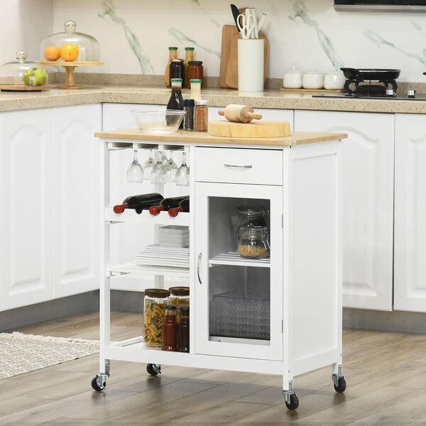 HOMCOM Desserte de Cuisine Chariot deservice à roulettes Multi-Rangement avec casier à vin, tiroir, Porte, étagères Blanc