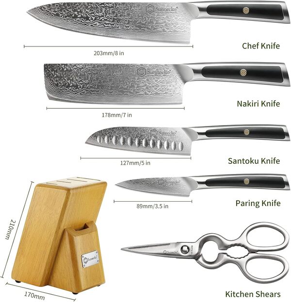Sunnecko Couteaux de Cuisine en Damas 67 Couches, Set Couteau Cuisine Professionnel 4 Pièces, avec Bloc en Bois Coloris Naturel et Ciseaux Cuisine, Couteau Office Japonais Chef