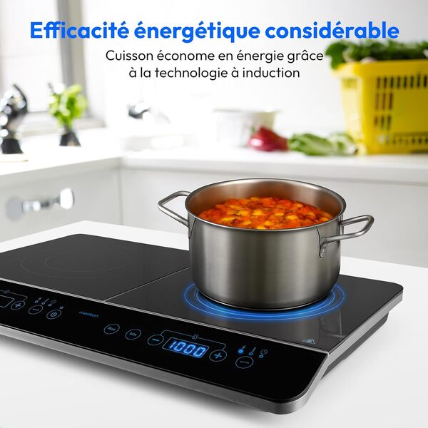 MEDION Plaque de cuisson double à induction (3500 Watt, Deux plaques de cuisson electrique, 2 feux, 10 niveaux de température, portable, écran LED, MD15324) noir