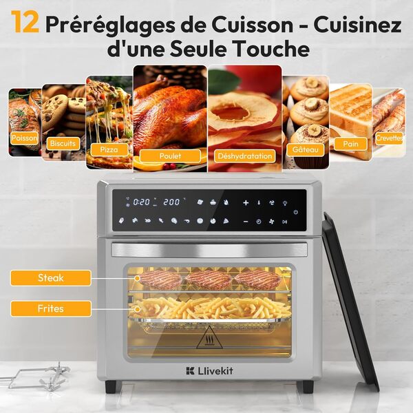 LLIVEKIT Friteuse sans Huile 26L avec Écran LED, 12 en 1 Friteuse à Air Chaud, Mini Four Air Fryer à Convection en Inox, 1700W, Minuteur et Réglateur de Température, 7 Accessories, 1 Manuel, Argenté