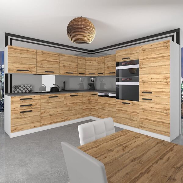 Belini Cuisine en L Jane avec Plan de Travail | Meubles de Cuisine avec éléments Suspendus et Bas | Design Luxueux | Matériaux durables et Haut de Gamme | Installation Facile | Chêne Wotan