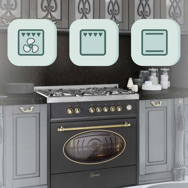 GURARI Cuisinière à gaz GCH E 914 BL r, Rétro à gaz Electrique 90 cm/Nostalgie Range Coocker / 121L / 8 fonctions/Air chaud/barbecue / 5 brûleurs de haute qualité / 4 kw WOK/gaz naturel/gaz propane [Classe énergétique A]