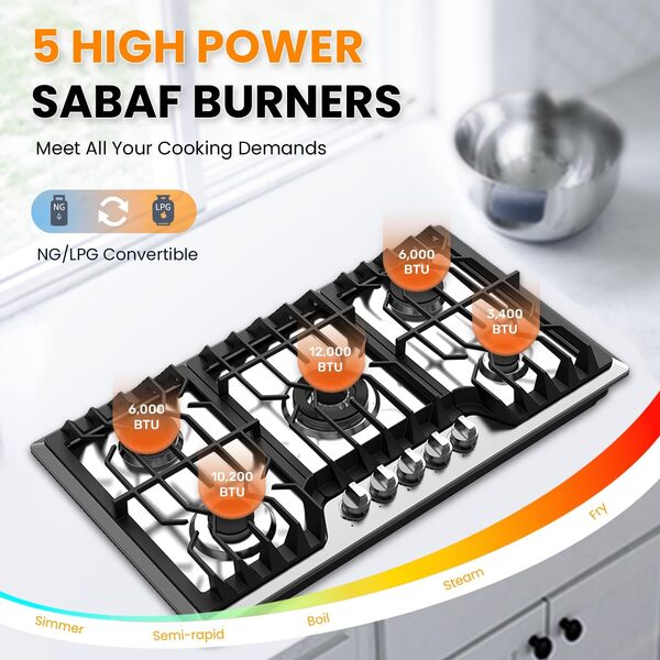 Table de cuisson à gaz intégrée de 91,4 cm avec plaque de cuisson, 5 brûleurs scellés SABAF pour cuisinière à gaz, 41 800 BTU, convertible, NG/LPG, table de cuisson au propane en acier inoxydable avec