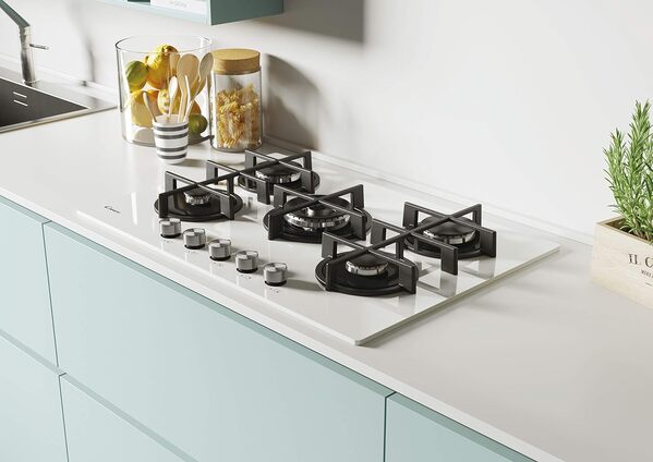 Candy CVG74WPW Plateau à gaz en verre, 5 brûleurs, couleur blanche [Classe énergétique A]