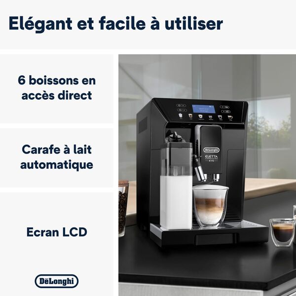 De'Longhi Eletta Evo Machine a Café Grain ECAM46.860.B, Machine Expresso et Cappuccino, Ecran LCD Tactile, Noir [Classe énergétique A]