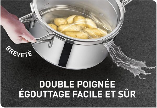 Tefal Nordica Batterie de cuisine 8 pièces Casserole 16 cm + Faitouts 18/20/24 cm en acier inoxydable + Couvercles verre, Becs verseurs, Egouttage facile, Induction H852S855