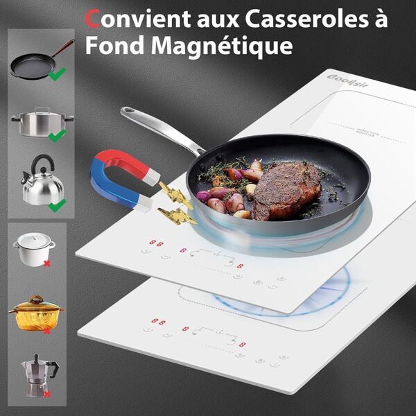 Cooksir Plaque Induction Blanc, Plaque Induction 2 Feux Prise, Plaque de Cuisson Deux Feux Encastrable 29cm, 3500Watts, Zone Combinée, 220V, 16A-Fiche Plaque électrique