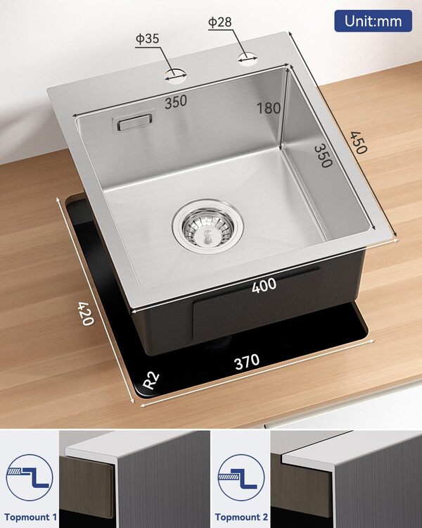 Evier Cuisine 1 Bac 40x45cm, Evier Inox avec Siphon et Trop-plein, Lavabo Cuisine sous Plan, Petit Cuve Simple pour Meubles Bas de 40 cm