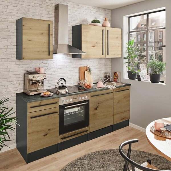 Stella Trading Jazz 8 Cuisine Moderne sans électroménager, Anthracite, Aspect chêne Artisan - Cuisine intégrée spacieuse avec Beaucoup d'espace de Rangement - 220 x 211 x 60 cm (L/H/P)