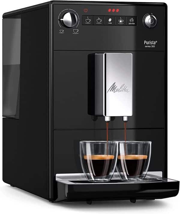 Melitta Purista Noire, Machine à Café à Grain avec Broyeur et Système d'Extraction des Arômes, Silencieuse, Mode 1 à 2 Tasses, Cafetière Expresso, F230-102, 1450W
