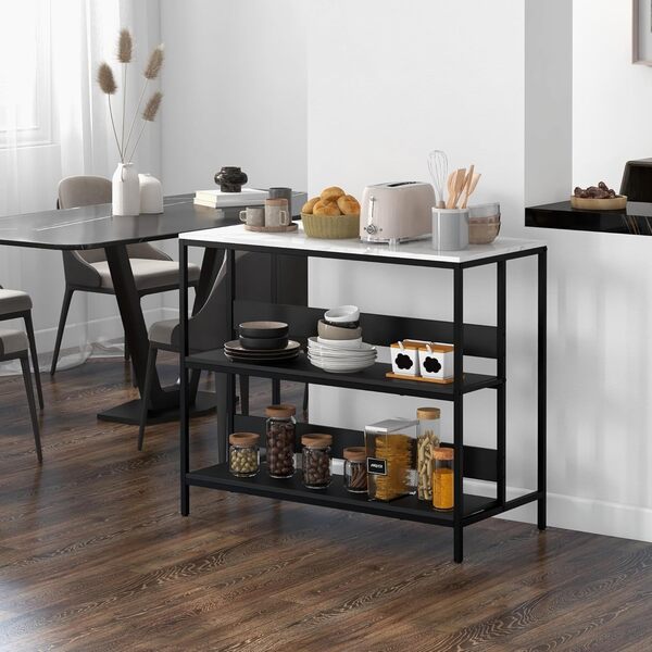 HOMCOM Desserte îlot de Cuisine, Meuble de Cuisine, Plateau Aspect marbre, Structure en Acier, 2 étagères, Meuble de Rangement pour Salon, Style Moderne, 100 x 50 x 90 cm, Noir