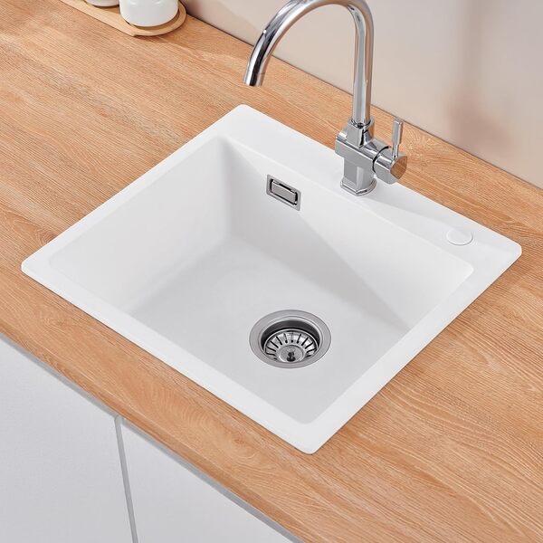 Auralum Evier Cuisine Granit Blanc 50 x 45 cm, Lavabo Cuisine 1 bac + Kit de Vidage, Évier à Encastrer au meuble 50 cm