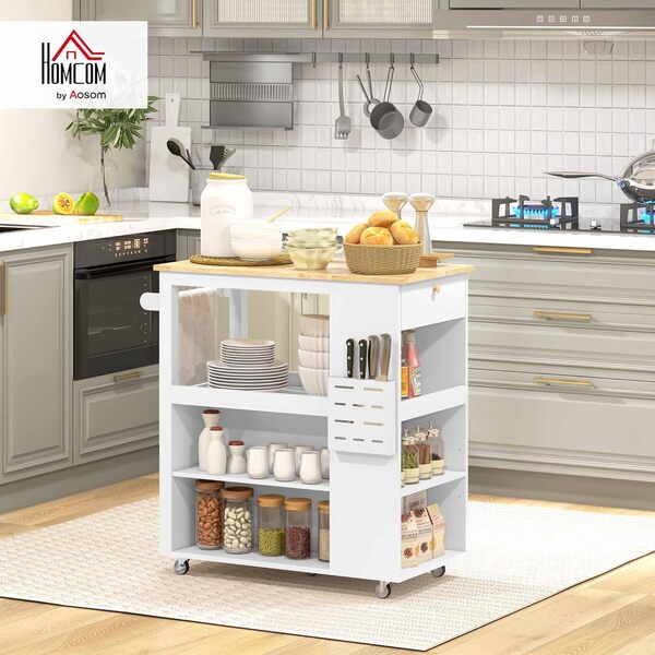 HOMCOM Desserte îlot de Cuisine, desserte à roulettes, avec Plateau en Bois d'hévéa, 4 étagères réglables, Multi-rangements, Porte-Couteaux, Chariot de Cuisine sur roulettes, Porte-Serviettes, Blanc