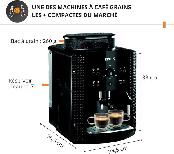 Krups Machine à café grain, machine expresso, 2 tasses en simultané, Nettoyage automatique, Buse vapeur pour Cappuccino, Cafetière espresso, Essential noire YY8125FD, Noir