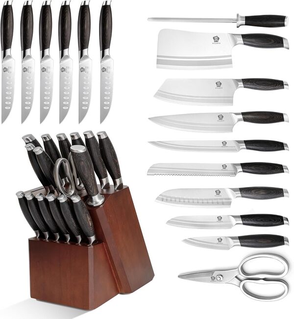 WILDMOK Ensemble de blocs de couteaux de cuisine, ensemble de couteaux de 17 pièces avec bloc de bois allemand en acier allemand couteaux de cuisine avec hachoir à os, boîte cadeau