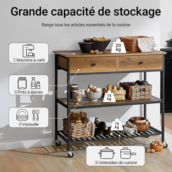 SoBuy Desserte de Cuisine à roulettes – Meuble de Cuisine Style Industriel avec Plan de Travail, 2 Tiroirs et 2 Étagères, Petit Meuble de Rangement Compact pour Petits Espaces 100x45x93cm FKW112-PF