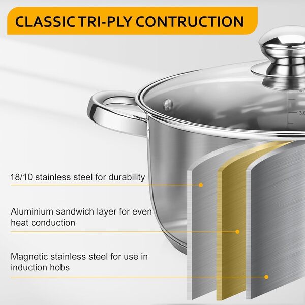 Royal Swiss® 10-Piece Stainless Steel 5-Layer Cookware Set, Frying Pan, Saucepan and Stock Pot with Glass Lid, Saucepans Suitable for All Heat Sources Including Induction