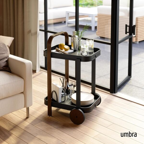 Umbra Bellwood Desserte à roulettes et Table d'appoint avec 2 étages et Plateaux Amovibles, Noir/Noyer