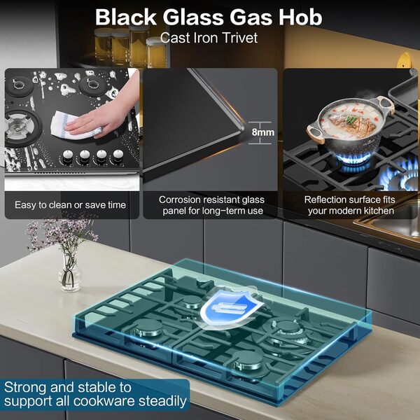 TopStrong Plaque de Cuisson Gaz 4 Feux, 60cm Plaque Gaz 4 Feux avec Supports en Fonte, Encastrable Table de Cuisson, Convertible NG/LPG, Protection Contre la Flamme, Noir Verre
